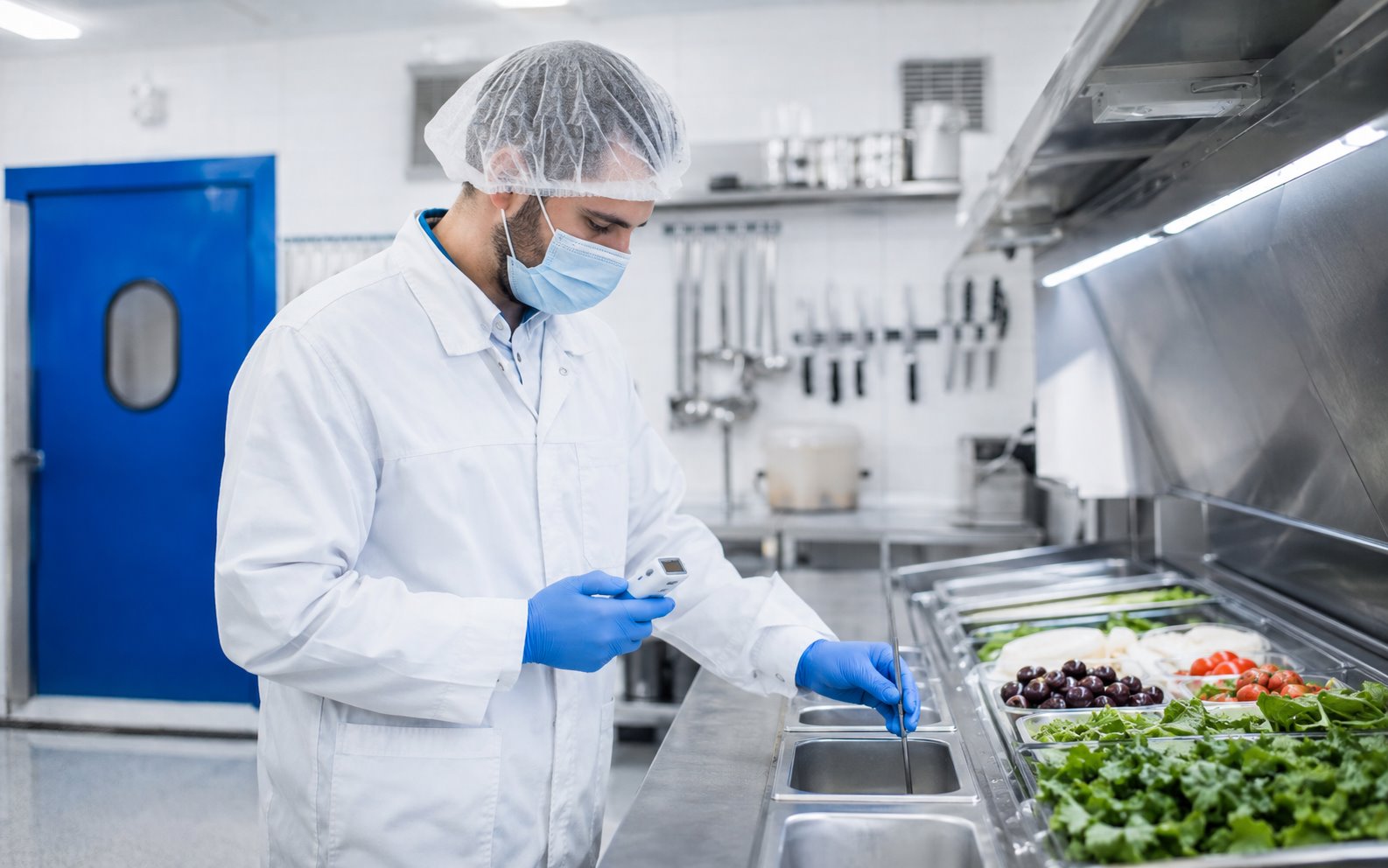 Tecnico della sicurezza alimentare impegnato in un controllo HACCP